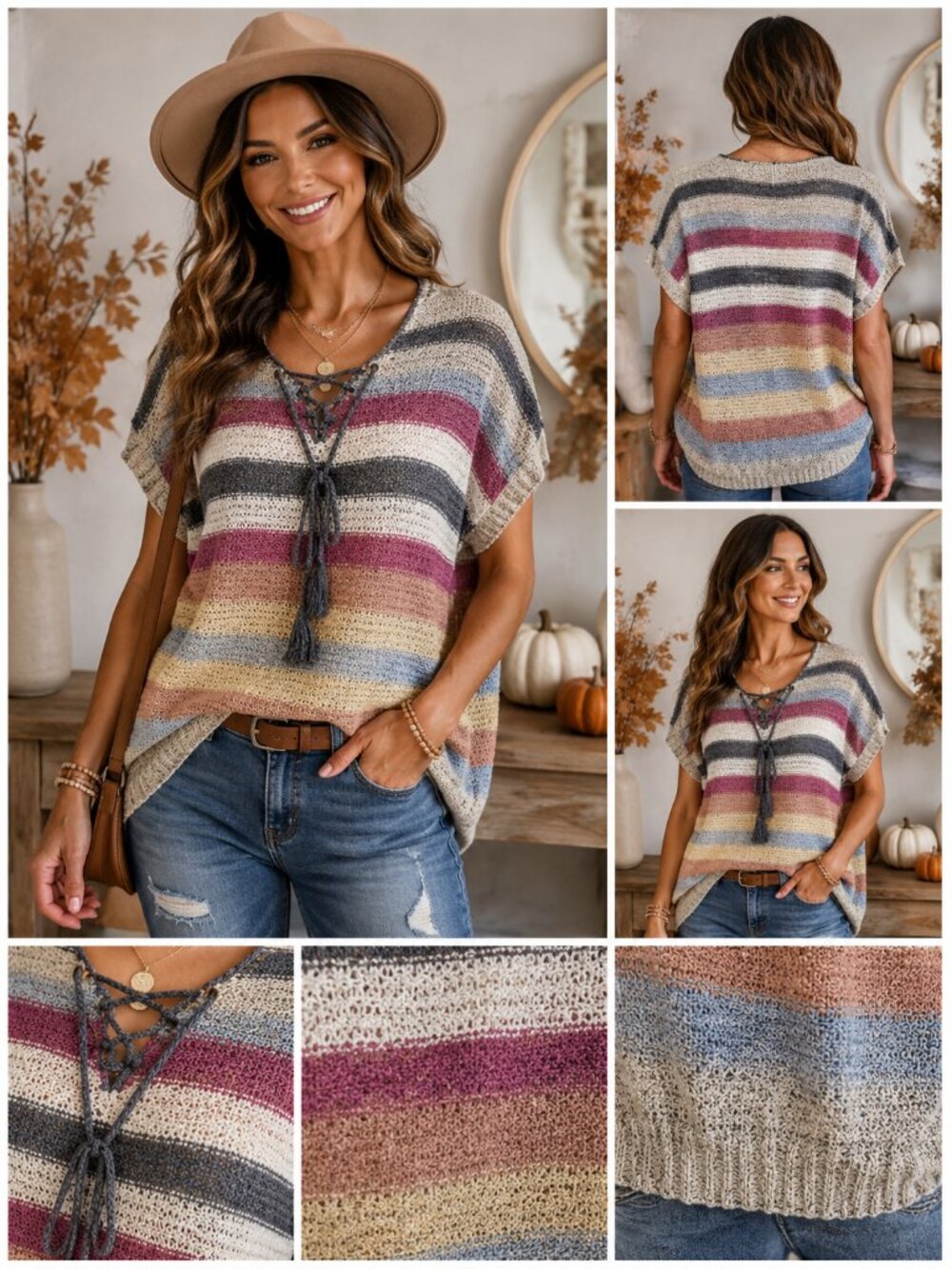 Blush Multicolor Striped Knit Top Boho V Neck M/L Short Sleeve